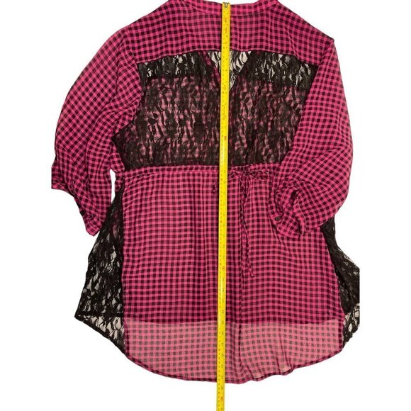 TORRID Women's Loose Button-Up Top Bust 52" Pink Black Plaid Lace Hi-Lo Hem EUC - Picture 15 of 15